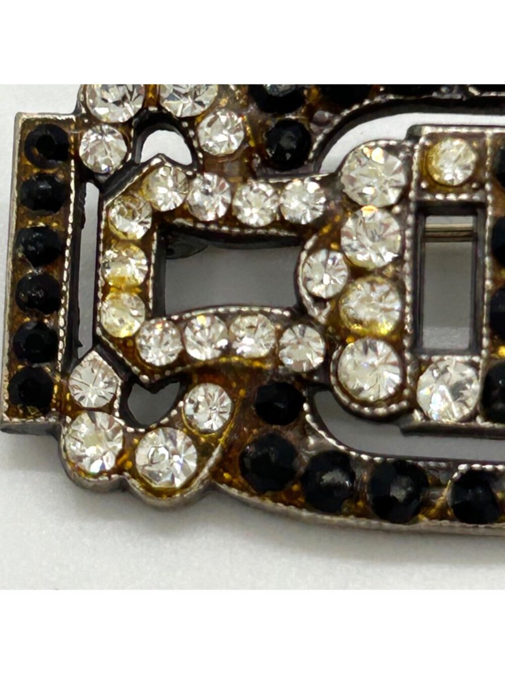 Vintage Art Deco Style Rhinestone Brooch Silver Tone GeometricTrombone Clasp - Picture 5 of 13